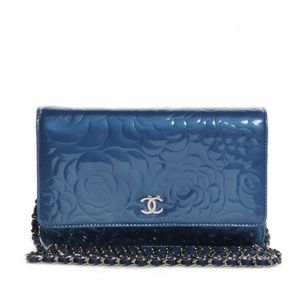 CHANEL Patent Leather Camellia Wallet on Chain WOC Blue